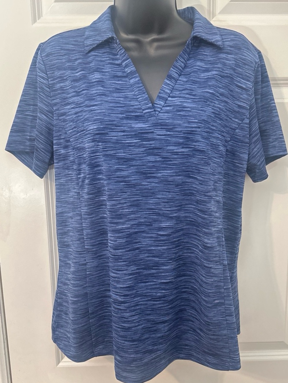 Women's Lady Hagen Blue Heathered with Horizontal texture. Polo V-Neck Top